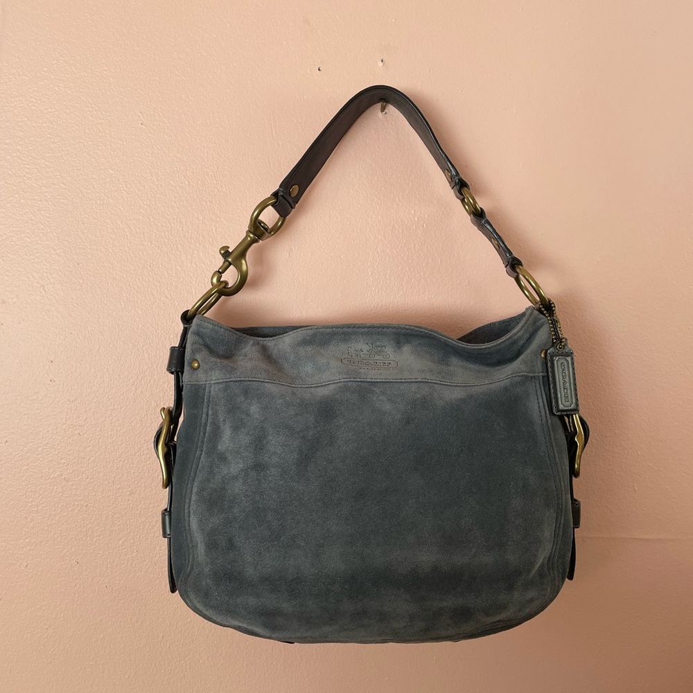 Coach Blue-Gray Suede Zoe Shoulder Bag